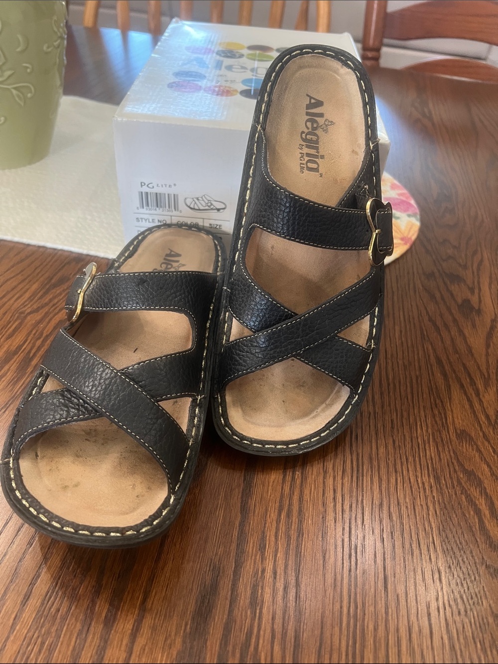 Alegria Black Leather Crossover Mule with Gold Buckles